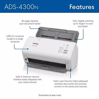 Brother ADS 4300N Desktop Scanner - High Volume 40ppm
