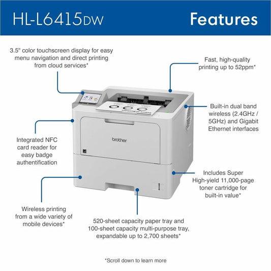 Brother HL L6415DW Duplex Network Wifi Printer Cloud Security TN920 DR925