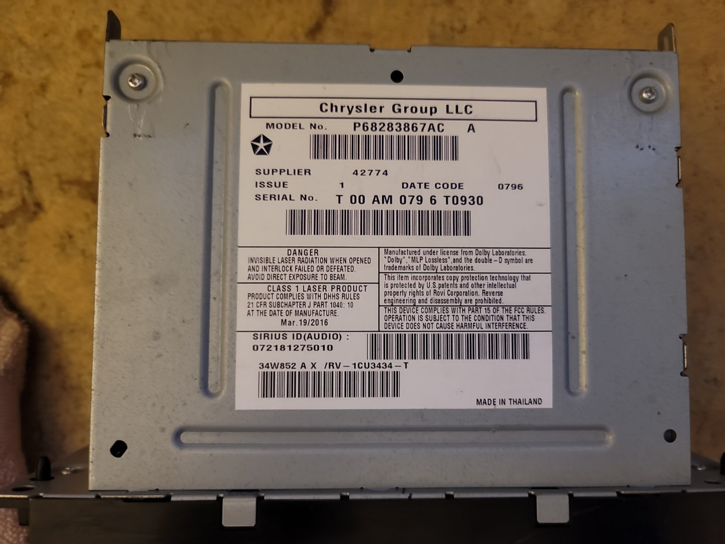 Chrysler , Dodge , Jeep Am/Fm Radio Head Unit Part # P68283867AC