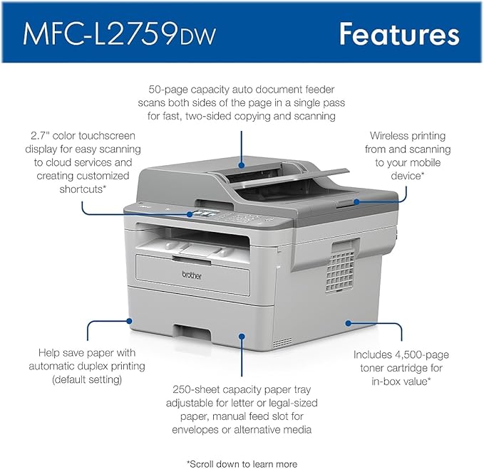 Brother MFC L2759DW All In One MFC Print Copy Scan- WiFi TN760