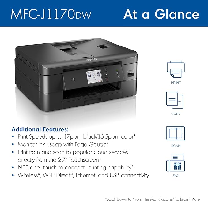 Brother MFC-J1170DW Wireless Color Inkjet All-in-One Printer with Mobile Device and Duplex Printing