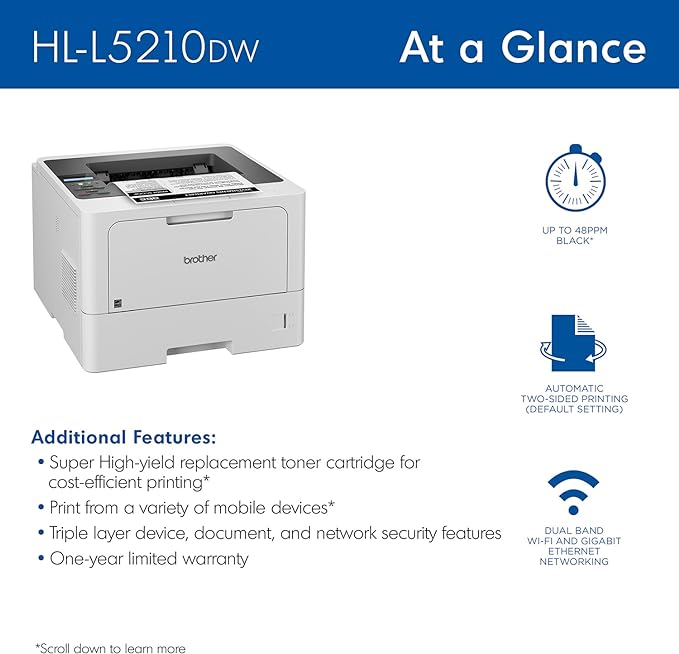 BROTHER HL L5210DW   Wifi Duplex Mobile Prints  50- Pages per minute!
