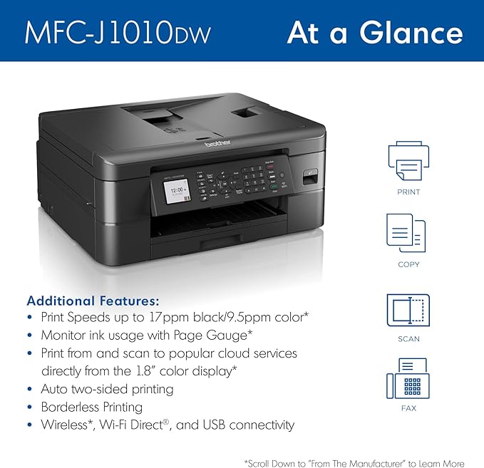 Brother MFC-J1010DW Wireless Color Inkjet All-in-One Printer with Mobile Device and Duplex Printing