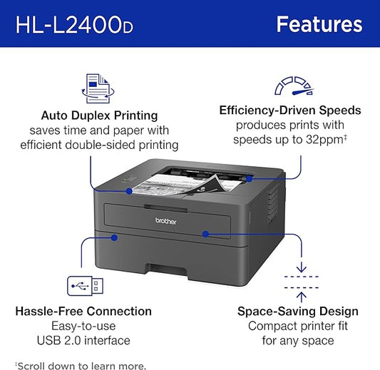 Brother HL-L2400D Compact Mono Laser Printer with Duplex USB Black & White Output