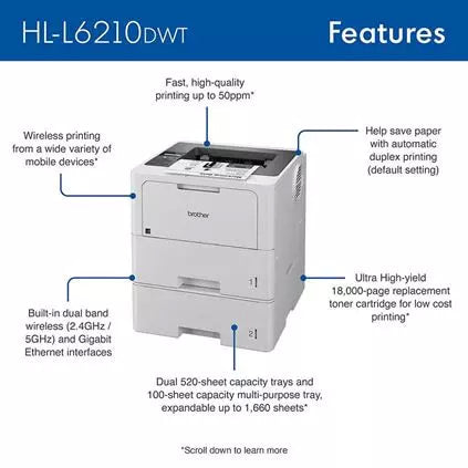 BROTHER HL L6210DWT  includes Second Tray !  Wifi Duplex Mobile prints TN920