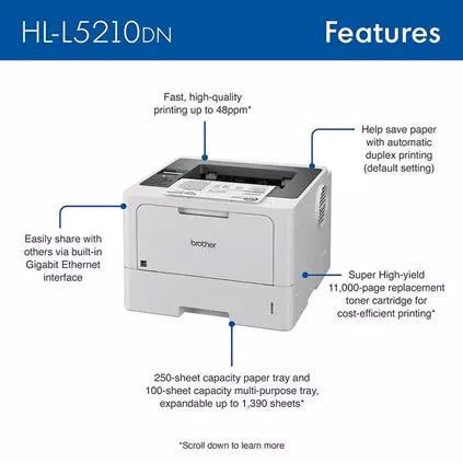BROTHER HL L5210DN  Network Duplex Mobile Prints  50- Pages per minute!