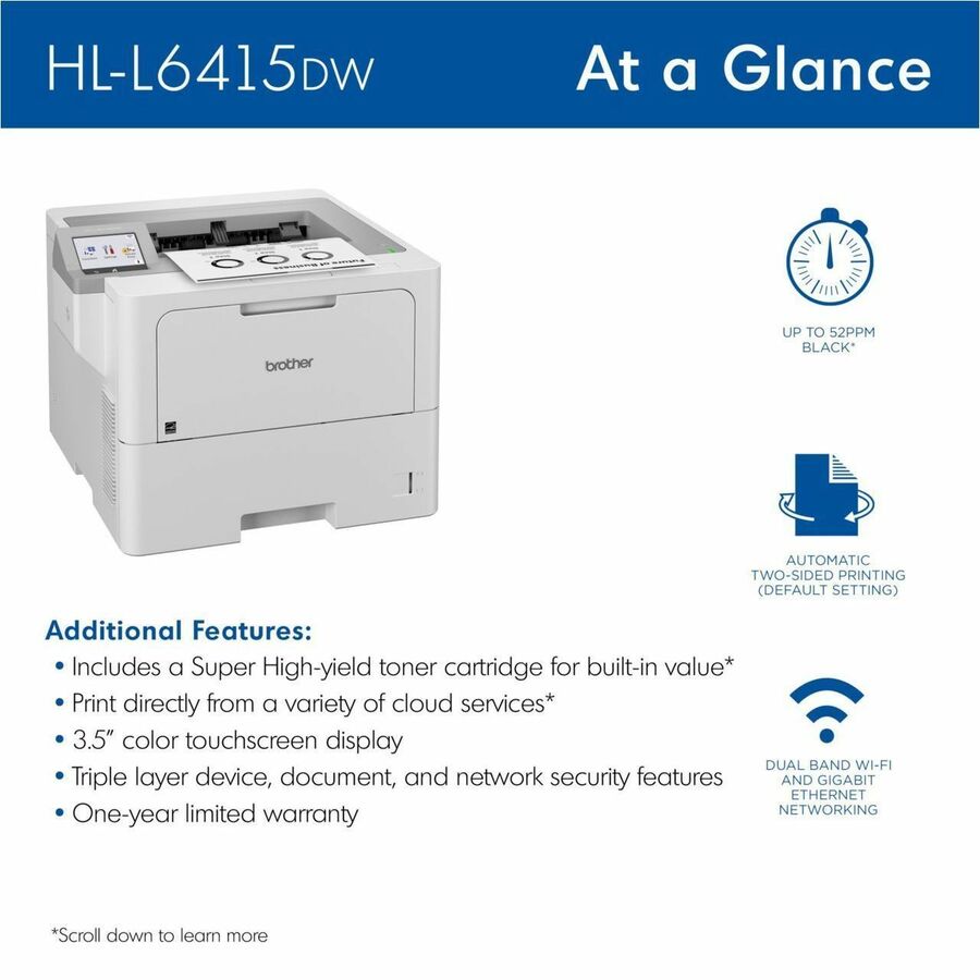 Brother HL L6415DW Duplex Network Wifi Printer Cloud Security TN920 DR925