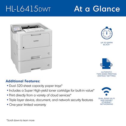 BROTHER HL L6415DWT   With 2 trays Wifi Network  Cloud Services  TN920      NT -