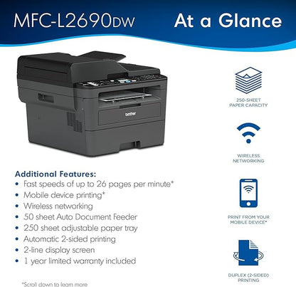 Brother MFC-L2690DW Series All-in-One Laser Printer, Duplex Printing, 250 Sheets, Wireless, Mobile Printing, Duplex TN830