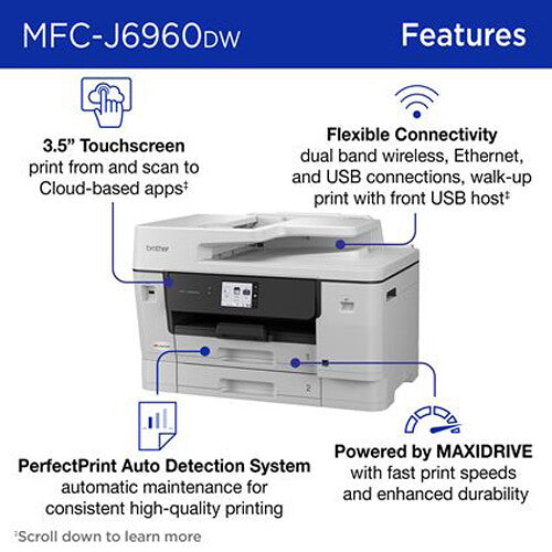 Brother MFC-J6960DW Brother INKvestment MFC-J6960DW Wireless Color Inkjet All-in-One Printer, 11”x17” capabilities, 3.5” Color Touchscreen