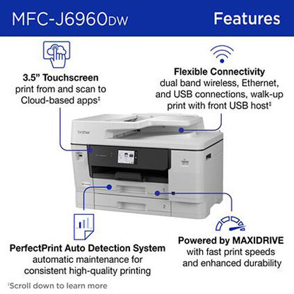 Brother MFC-J6960DW Brother INKvestment MFC-J6960DW Wireless Color Inkjet All-in-One Printer, 11”x17” capabilities, 3.5” Color Touchscreen