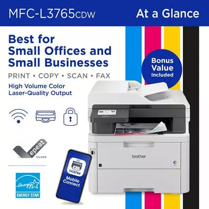 Brother MFC L3765CDW All In One Color MFC Print copy scan fax -WiFi  + BONUS TONER  NB