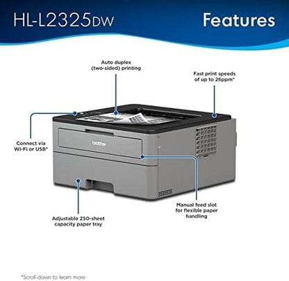 Brother HL 2325DW 6 ppm Mono - 2400 x 600 dpi Print - Automatic Duplex Print - 250 Sheets Input - Ethernet - Wireless LAN (Copy)