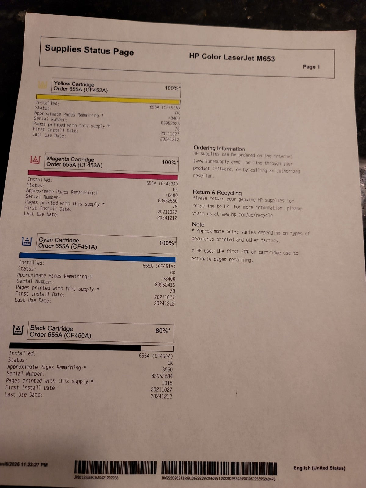 HP Laserjet M653DN Duplex Network 60PPM Great Prints  Low page count 900! J8A04A