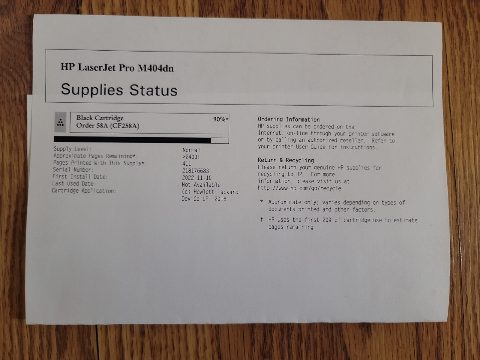 HP CF258A 58A Black STD Yield Toner Cart LJ Pro M428  M404 Series 90% Life 