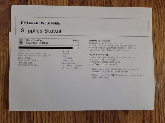 HP CF258A 58A Black STD Yield Toner Cart LJ Pro M428  M404 Series 90% Life 