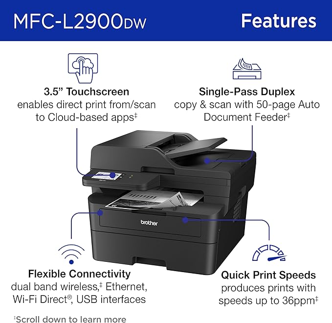 Brother MFC-L2900DW Wireless Compact Monochrome All-in-One Laser Printer with Duplex Copy & Scan, Fax, Black & White TN830