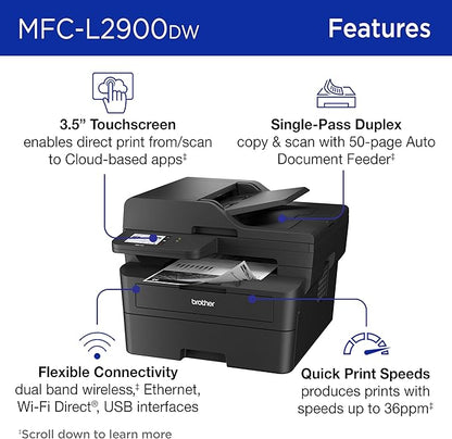 Brother MFC-L2900DW Wireless Compact Monochrome All-in-One Laser Printer with Duplex Copy & Scan, Fax, Black & White TN830