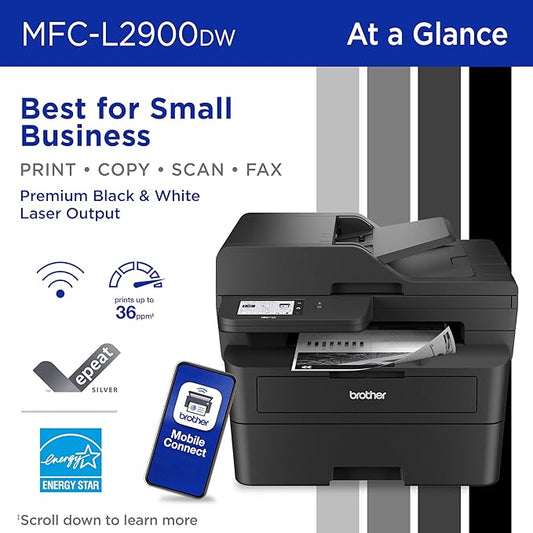 Brother MFC-L2900DW Wireless  All-in-One Laser Printer with Duplex Copy & Scan, Fax, Black & White PLus Extra TN830XL