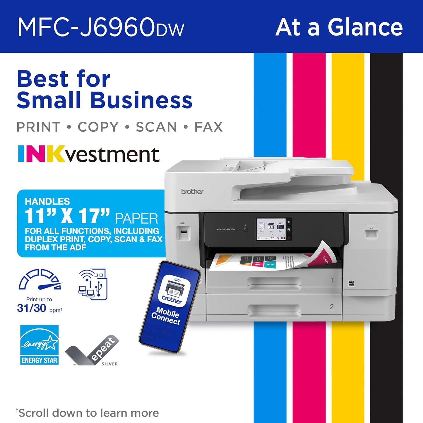 Brother MFC-J6960DW Brother INKvestment MFC-J6960DW Wireless Color Inkjet All-in-One Printer, 11”x17” capabilities, 3.5” Color Touchscreen