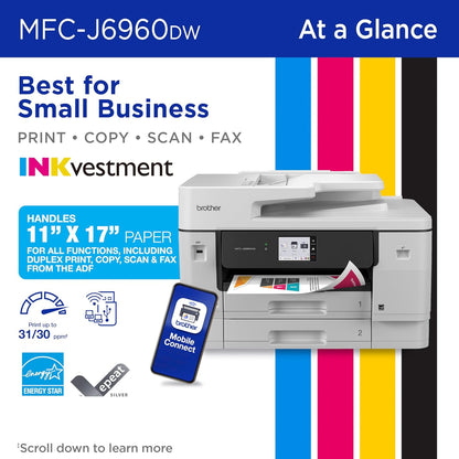 Brother MFC-J6960DW Brother INKvestment MFC-J6960DW Wireless Color Inkjet All-in-One Printer, 11”x17” capabilities, 3.5” Color Touchscreen