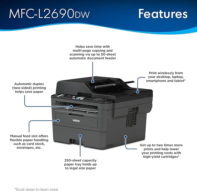 Brother MFC-L2690DW Series All-in-One Laser Printer, Duplex Printing, 250 Sheets, Wireless, Mobile Printing, Duplex TN830