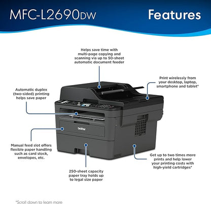 Brother MFC-L2690DW Series All-in-One Laser Printer, Duplex Printing, 250 Sheets, Wireless, Mobile Printing, Duplex TN830