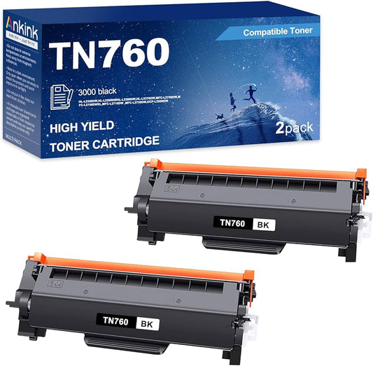 2 Pack Brother TN760  Toner  High Yield 3,000 pages  MFC L2750DW MFC L2710DW