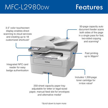Brother MFC-L2980DW Wireless  All-in-One Laser Printer with Duplex Copy & Scan, Fax, Black & White PLus Extra TN830XL