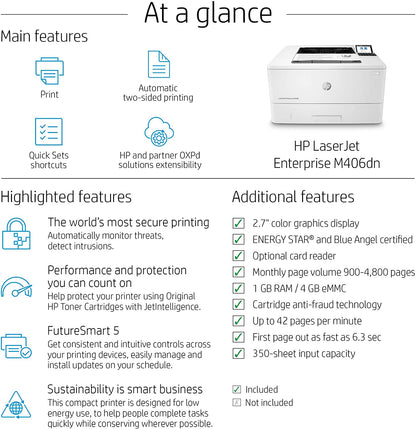 HP LaserJet Enterprise M406dn Monochrome Duplex Printer 3PZ15A
